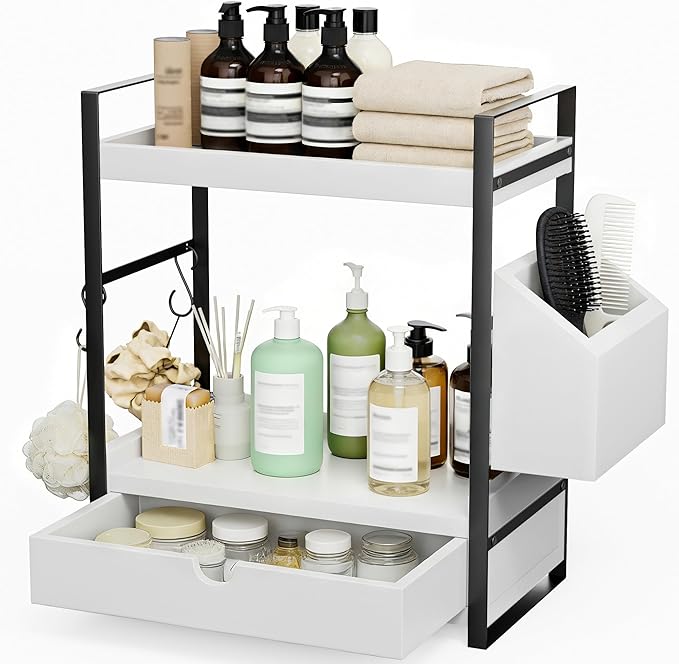 Kottwca 2-Tier Bathroom Counter Organizer with Drawer, Basket & Hooks, Wooden Vanity Shelf for Skincare, Perfume & Makeup Storage(White)