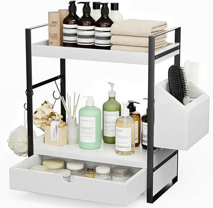 Kottwca 2-Tier Bathroom Counter Organizer with Drawer, Basket & Hooks, Wooden Vanity Shelf for Skincare, Perfume & Makeup Storage(White)