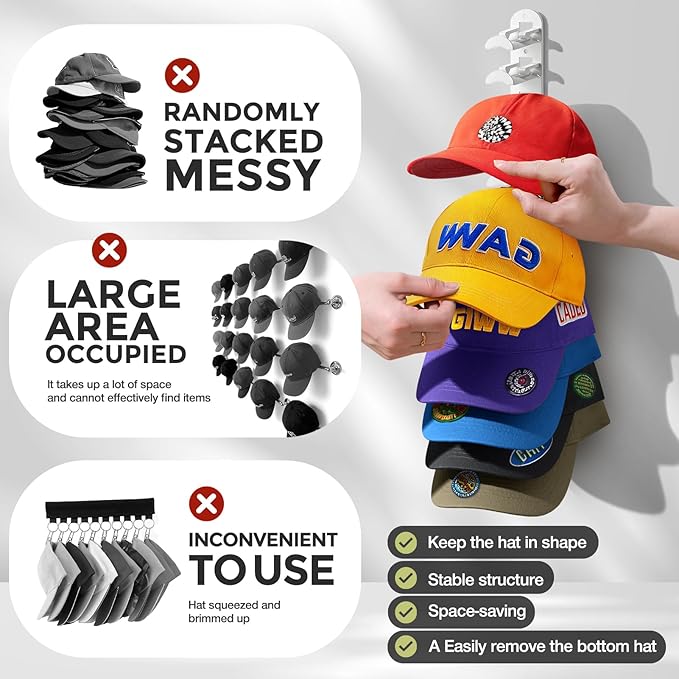 2 Pack Hat Organizer for Baseball Caps, Hat Rack for Wall Hold Up to 20 Hats, Hat Holder with Strong Adhesive and Screws, Hat Organizer Wall Mounted Hat Hanger Display for Door Closet Bedroom(B-White)