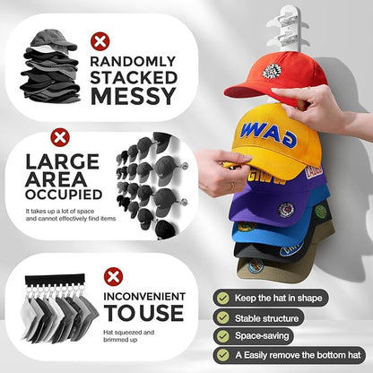 2 Pack Hat Organizer for Baseball Caps, Hat Rack for Wall Hold Up to 20 Hats, Hat Holder with Strong Adhesive and Screws, Hat Organizer Wall Mounted Hat Hanger Display for Door Closet Bedroom(B-White)