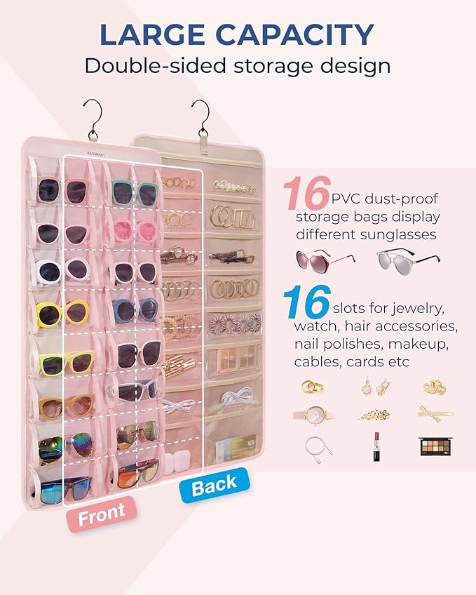 BAGSMART Hanging Jewelry Organizer, Dust Proof Sunglasses Storage Case Wall Mounted, Travel Dual Sided Glasses Case Multiple Pairs, Eyeglasses Holder with 32 Clear Slots & Metal Hook, Pink