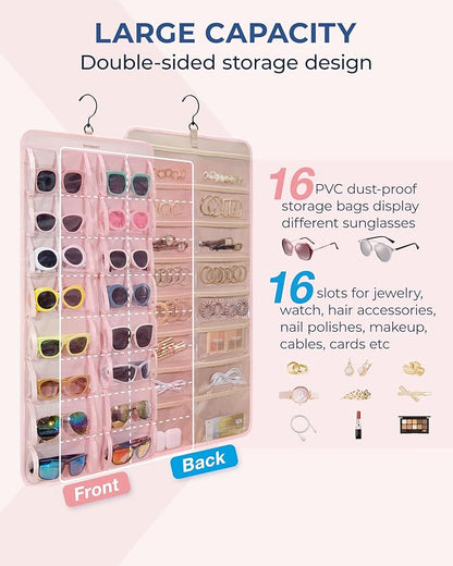 BAGSMART Hanging Jewelry Organizer, Dust Proof Sunglasses Storage Case Wall Mounted, Travel Dual Sided Glasses Case Multiple Pairs, Eyeglasses Holder with 32 Clear Slots & Metal Hook, Pink