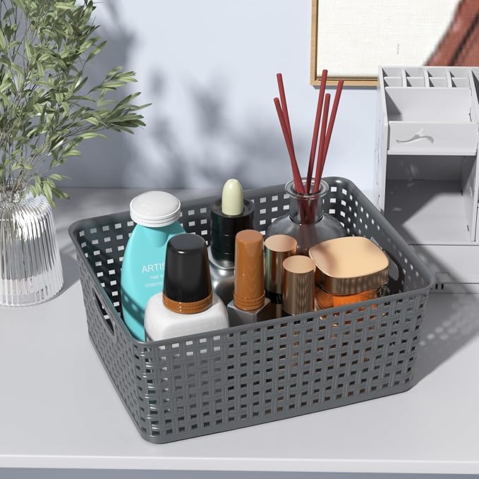 Set of 4 Plastic Woven Storage Baskets, 11.41" x 8.86" x 4.6", Pantry Kitchen Organizer Bins, Gray