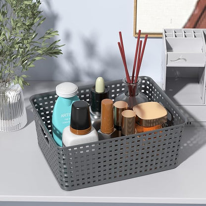Set of 4 Plastic Woven Storage Baskets, 11.41" x 8.86" x 4.6", Pantry Kitchen Organizer Bins, Gray