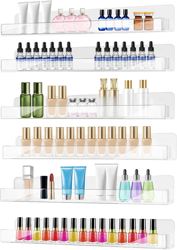 6 Pack Wall Mounted Acrylic Nail Polish Organizer Rack 15 Inch Clear Nail Polish Shelf with Removable Ends Multi-Purpose Shelf for Essential Oils Cosmetics Storage Display for Salon Bathroom