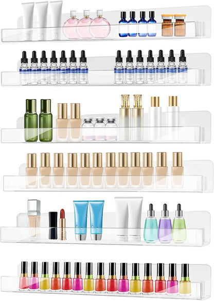 6 Pack Wall Mounted Acrylic Nail Polish Organizer Rack 15 Inch Clear Nail Polish Shelf with Removable Ends Multi-Purpose Shelf for Essential Oils Cosmetics Storage Display for Salon Bathroom