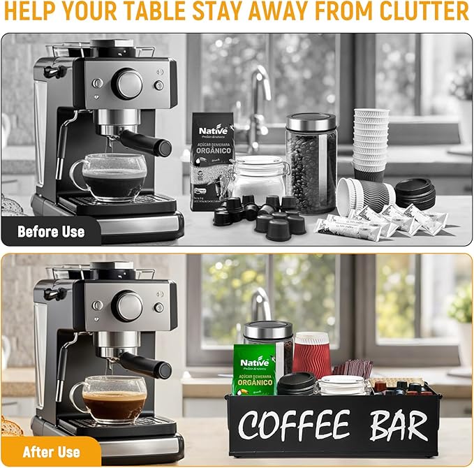 Coffee Station Organizer with Handles, Metal Coffee Bar Accessories Organizer for Countertop, Pod Holder Basket for Sugar Tea - Black Table Decor