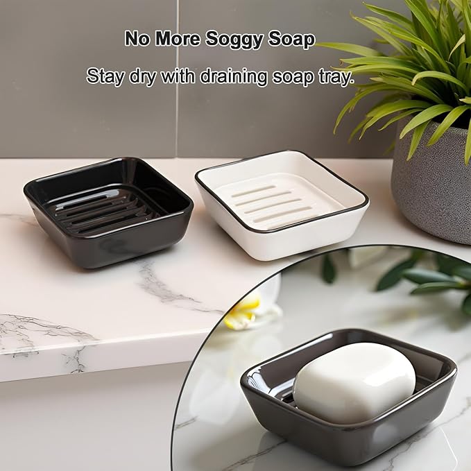 Ceramic Soap Dish, Square Shower Case with Drain Grid, Compact Bathroom Soap Holder for Sink Countertop, Decorative Ceramic Soap Saver Tray, Dish for Liquid or Bars (Black)