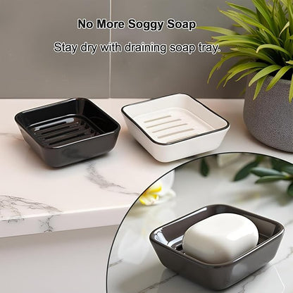 Ceramic Soap Dish, Square Shower Case with Drain Grid, Compact Bathroom Soap Holder for Sink Countertop, Decorative Ceramic Soap Saver Tray, Dish for Liquid or Bars (Black)