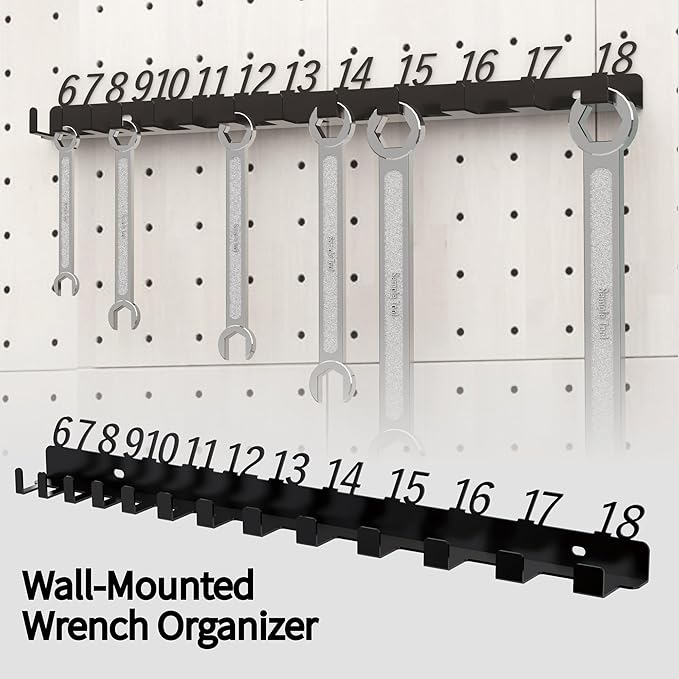 Metal Wrench Organizer, Wall-Mounted Storage Rack for Wrenches, Gift for Professional Mechanics, Sturdy Metal Rack, Combination Wrench Organizer for Wall, Holder for 13 wrenches（Fits 6mm to 18mm）