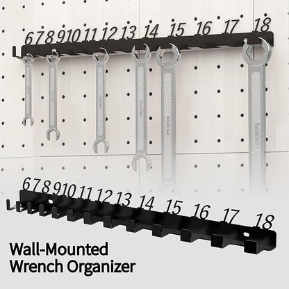 Metal Wrench Organizer, Wall-Mounted Storage Rack for Wrenches, Gift for Professional Mechanics, Sturdy Metal Rack, Combination Wrench Organizer for Wall, Holder for 13 wrenches（Fits 6mm to 18mm）