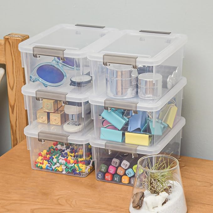 Anywish Small Storage Bins with Lids 1.3 QT Plastic Storage Container Stackable Box with Lids for Organizing, Clear White（8 Packs）