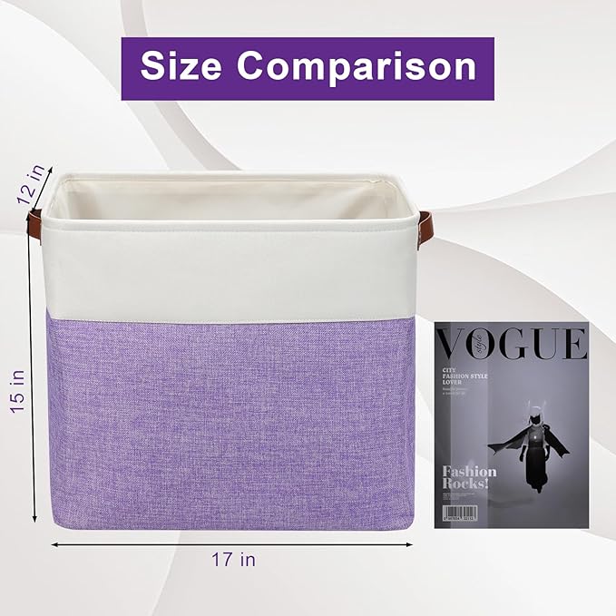 Bagnizer Large Fabric Storage Baskets | 50L Storage Bins, Decorative Linen Closet Baskets with Handles for Organizing, Shelf, Toys, Clothes, Home, Office, Nursery, 17x12x15Inches (Purple&White)
