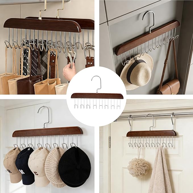 CTESNE【4 Pack】 Belt Hanger for Closet,Wooden Tie Rack Hangers for Men with 8 Hooks, Space Saving Tie Holder Organizer,Closet Storage for Belts,Ties,Bras,Scarves,Tank Tops