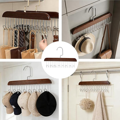 CTESNE【4 Pack】 Belt Hanger for Closet,Wooden Tie Rack Hangers for Men with 8 Hooks, Space Saving Tie Holder Organizer,Closet Storage for Belts,Ties,Bras,Scarves,Tank Tops