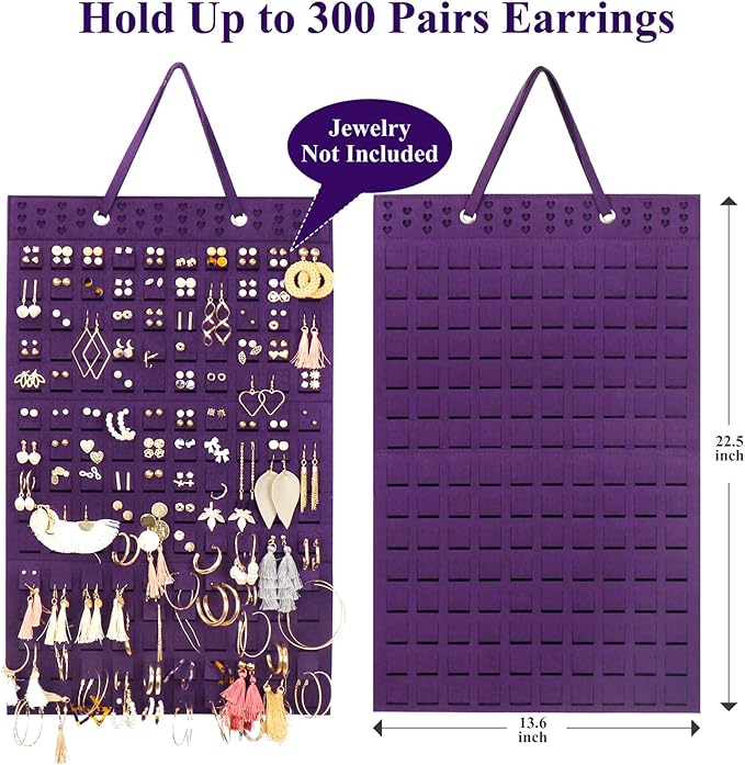 Resovo Hanging Earrings Organizer, Wall Earring Holder with 2 Hooks, Holds Up To 300 Pairs, Compact Design, Soft Material-Dark Purple