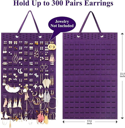 Resovo Hanging Earrings Organizer, Wall Earring Holder with 2 Hooks, Holds Up To 300 Pairs, Compact Design, Soft Material-Dark Purple