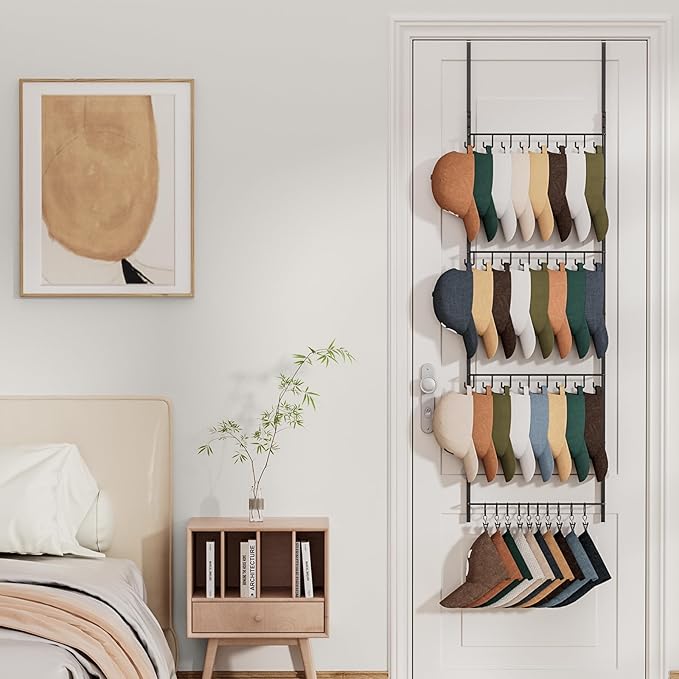 HapiRm Over the Door Hat Organizer - 4 Tier Wall Mounted Hat Rack with 24 Hooks and 10 Movable Clips, Hanging Baseball Cap Organizer Storage Holds to 34 Caps for Door, Bedroom, Closet