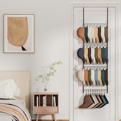 HapiRm Over the Door Hat Organizer - 4 Tier Wall Mounted Hat Rack with 24 Hooks and 10 Movable Clips, Hanging Baseball Cap Organizer Storage Holds to 34 Caps for Door, Bedroom, Closet