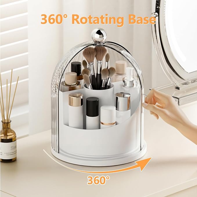 Makeup Brush Holder with Lid, 360° Rotating Cosmetic Organizer for Vanity, Covered Beauty Brushes Holder for Bathroom, Skincare Storage for Corner Countertop