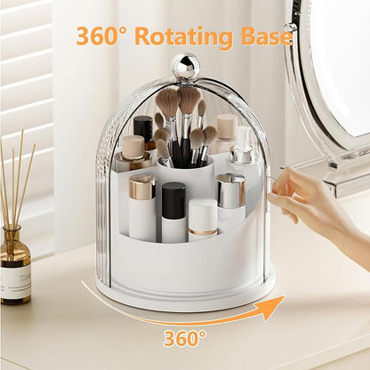 Makeup Brush Holder with Lid, 360° Rotating Cosmetic Organizer for Vanity, Covered Beauty Brushes Holder for Bathroom, Skincare Storage for Corner Countertop
