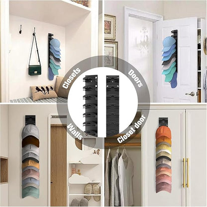 Hat Hook for Wall, 2 Pack Hat Organizer Hold up to 20 Hats, Hat Rack for Wall with Strong Adhesive, Hat Rack for Door Closet, Multi-Tier Hat Organizer, Two Mounting Options (Black)