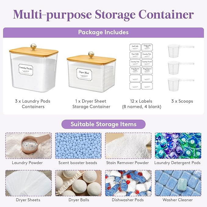 Lifewit Laundry Pods Container with Lid, Dryer Sheet Holder, Room Organization Storage for Coffee Pods Kcup Washing Powder, Scent Booster Beads, 2600 +2000ml/0.53+0.7gal，Natural,4 Pcs