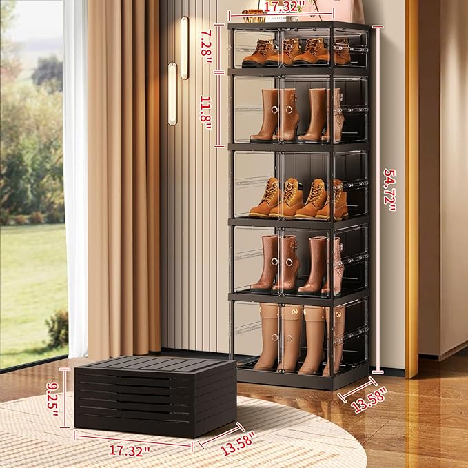 CIMLORD 5-Tier Foldable Shoe Rack for Closet Entryway 5-10Pairs,Stackable Clear Shoe Storage Boxes Organizer with Door Plastic Shoe Cabinet Bins with Lids Shoes Shelf Easy Assembly Large Black
