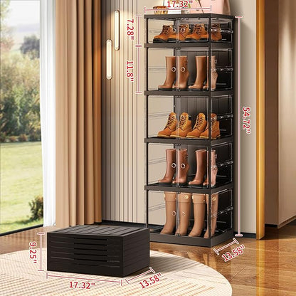 CIMLORD 5-Tier Foldable Shoe Rack for Closet Entryway 5-10Pairs,Stackable Clear Shoe Storage Boxes Organizer with Door Plastic Shoe Cabinet Bins with Lids Shoes Shelf Easy Assembly Large Black