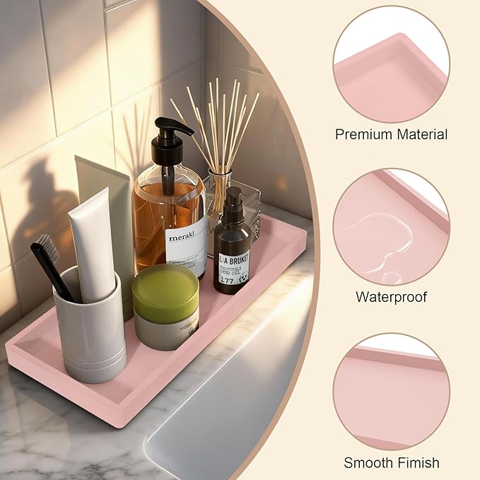 Bathroom Vanity Tray 2 Pack, 11.8 x 5 Inch Silicone Bathroom Counter Tray, Large Candle Trays for Dresser and Waterproof Organizer for Vanity, Kitchen, Toilet, Pink