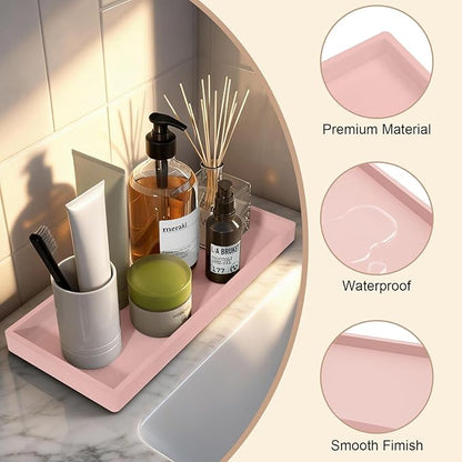 Bathroom Vanity Tray 2 Pack, 11.8 x 5 Inch Silicone Bathroom Counter Tray, Large Candle Trays for Dresser and Waterproof Organizer for Vanity, Kitchen, Toilet, Pink