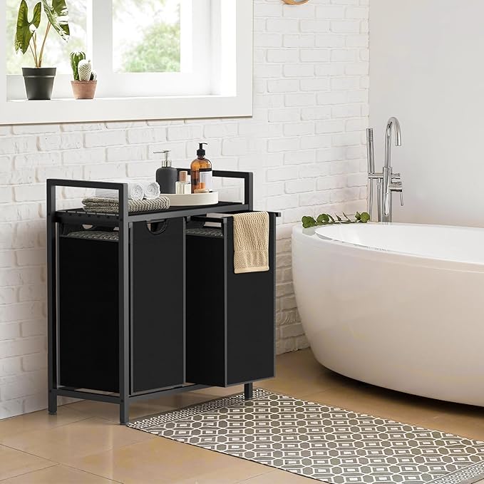 Sonharlar Laundry Hamper, Laundry Sorter with 2 Pull-Out Removable Oxford Fabric Bags Cloth Laundry Basket 2 x 10 Gallons (Charcoal Black)