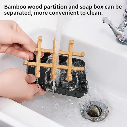 Bamboo Soap Dishes for Shower Wooden Soap Bar Holder for Bathroom Soap Tray Easy to Clean, Durable and with Non-Slip Pads(Two Black Squares)