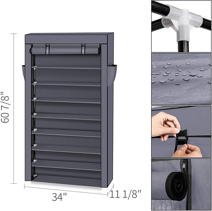 Vasitelan 10-Tier Shoe Rack, Shoe Storage Cabinet with Dustproof Cover, Free-Standing Shoe Storage Organizer for Closet, Entryway, Hold 35-45 Pairs of Shoes, for Sneakers, High Heels (Gray)
