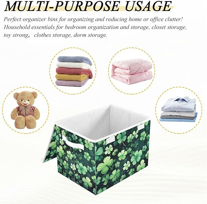 senya St. Patrick's Day Baskets Collapsible Storage Bins with Lids, St Patricks Clover Leaves Storage Boxes Clothes Baskets for Organizing