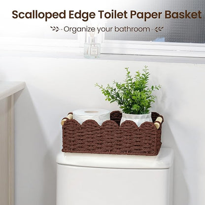 iEGrow Paper Rope Small Storage Baskets for Organizing, Set of 2 Scalloped Edge Wicker Basket with Wooden Handles Toilet Paper Basket for Over Toilet Storage Shelf, Home Decor, Living Room (Brown)