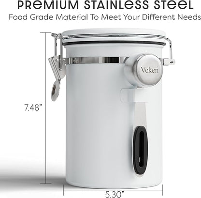 Veken Coffee Canister with Window, Airtight Stainless Steel Kitchen Food Storage Container with Lids, Date Tracker and Scoop for Grounds Coffee, Beans, Tea, Flour, Cereal, Sugar Jars, 22OZ, White