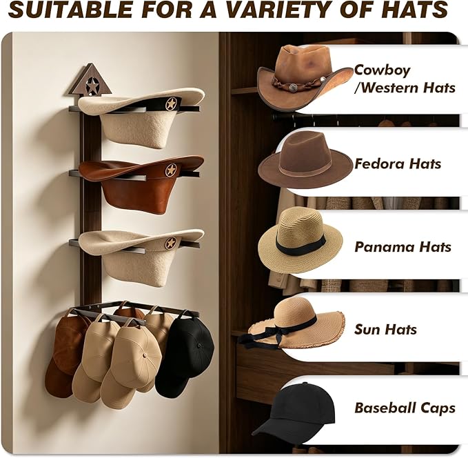 2 Pack Cowboy Hat Rack for Wall – Rustic Cowboy Hat Holder with Arrow Design and 4-Tier Hat Hooks Western Decor Hat Storage– Vintage Cowboy Hanger for Wall