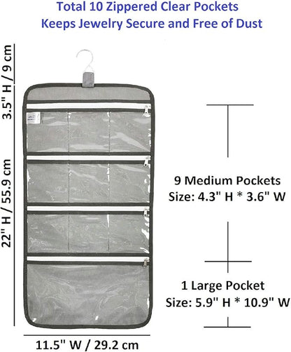 Hanging Jewelry Organizer with 10 Zippered Clear Pockets for Travel Suitcase and Home Closet Jewelry Storage Bag (GREY)