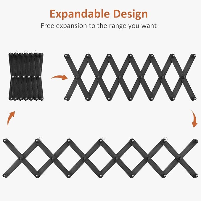 Accordion Wall Hanger, Hat Rack for Wall with 20 Coat Hooks, Expandable Hat Hangers Organizer, Vintage Decorative Coat Rack Wall Mount for Purse, Mug(Black)