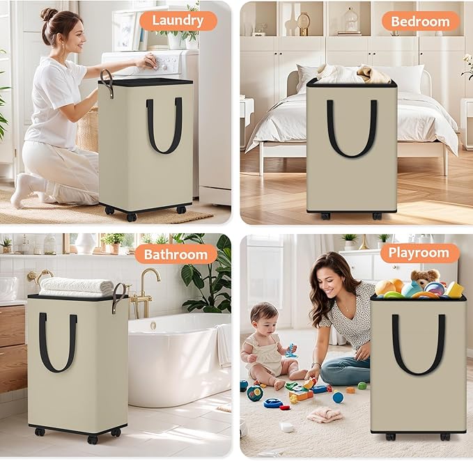 SpaceTrove Laundry Basket with Wheels, Collapsible Laundry Baskets, Laundry Hamper with Handles Detachable Wheels, Rolling Laundry Basket, Dirty Clothes Hamper for Bathroom, Dorm, Bedroom, Beige, 100L