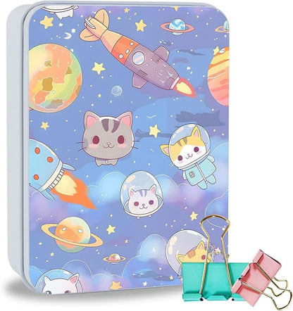 Metal Tin Box Sturdy Metal Storage Box with Lid, Large Container Holder for TCG Cards,Car Keys,Cookies,Tin Containers for Gift,5.0x3.7x1.6 Inch,Exquisite Pattern Design(Cartoon Cat)