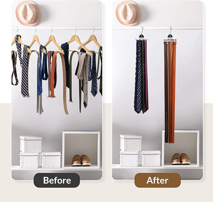 ZEDODIER 2 Pack Tie Hanger & Belt Organizer, Rotatable Tie Rack Space Saving Tie Holder with 16 Adjustable Hooks for Closet Organizers and Storage, Sturdy Belt & Tie Collection Storage, Black