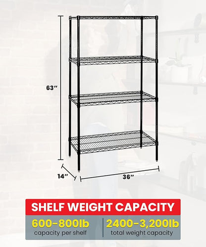 Quantum Storage Systems WR63-1436BK-5 Wire Shelving Starter Kit, 36" W x 14" D x 63" H, 600 lbs Capacity, Carbon Steel, Epoxy Coated, Black, NSF