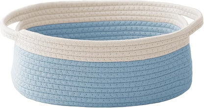 JMvicyroam Woven Basket,Small Rope Storage Bin with Handles & Ribbon Bag, Organizer for Shelves Closets,Gift Basket Empty for Birthday,Books,Dog Toys, White&Blue