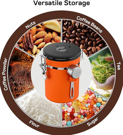 Coffee Gator Coffee Canister, 16oz Airtight Stainless Steel Kitchen Food Storage Container with Date Tracker, Scoop for Sugar,Grounds Coffee, Beans,Tea, Sugar, Cereal, Flour, Cookies Jars - Orange