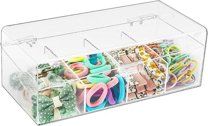 JessLab Hair Accessories Organizer for Girls, Acrylic Hair Bow Tie Clip Scrunchie Holder with Dividers, Clear Stackable Storage Box for Bathroom, Bedroom, Vanity Countertop (4 Compartment)