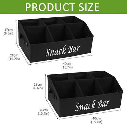 Snack Organizer for Countertop, 6 Compartment Snack Storage with Side Handles, 2 Pack Fabric Snack Basket Container, Lightweight Snack Bar Station Organizer, Kitchen Pantry Storage - Black