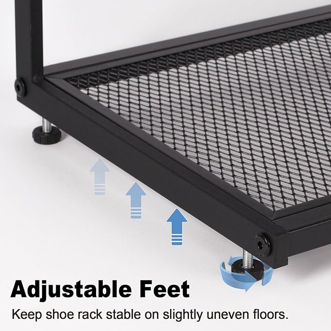Shoe Rack, Unique 5-Shaped Free Standing Shoe Shelf, 4-Tier Wooden Shoe Organizer with Wooden Top and Steel Frame for Front Door Entrance, Entryway, Hallway, 24.41" D x 11.02" W x 23.23" H