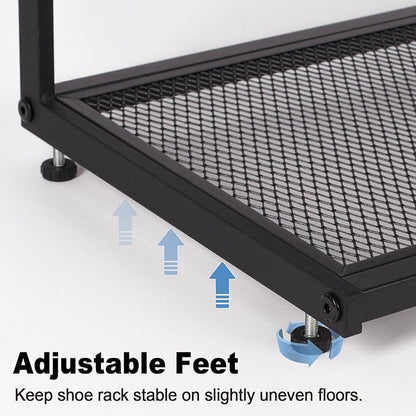 Shoe Rack, Unique 5-Shaped Free Standing Shoe Shelf, 4-Tier Wooden Shoe Organizer with Wooden Top and Steel Frame for Front Door Entrance, Entryway, Hallway, 24.41" D x 11.02" W x 23.23" H